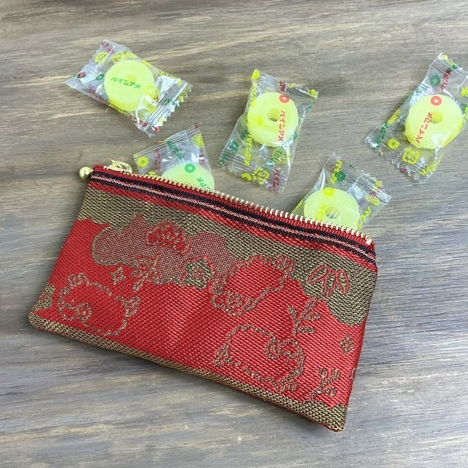 【羊】畳縁 ぺたんこ ミニポーチ カードケース 小銭入れ 数珠入れ 赤 金 縁起物 未年 松竹梅 干支