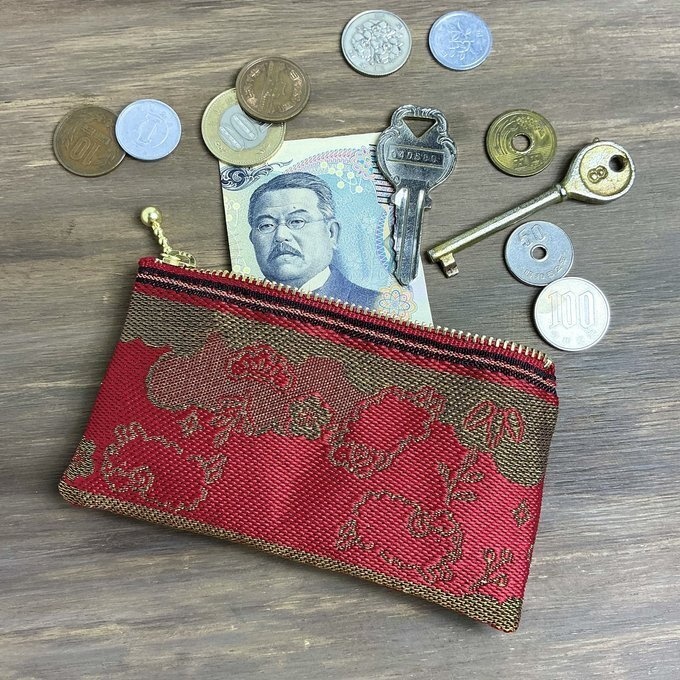 【羊】畳縁 ぺたんこ ミニポーチ カードケース 小銭入れ 数珠入れ 赤 金 縁起物 未年 松竹梅 干支