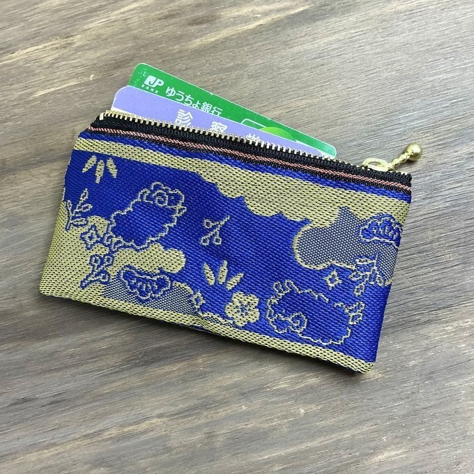 【羊】畳縁 ぺたんこ ミニポーチ カードケース 小銭入れ 数珠入れ 青 金 縁起物 未年 松竹梅 干支