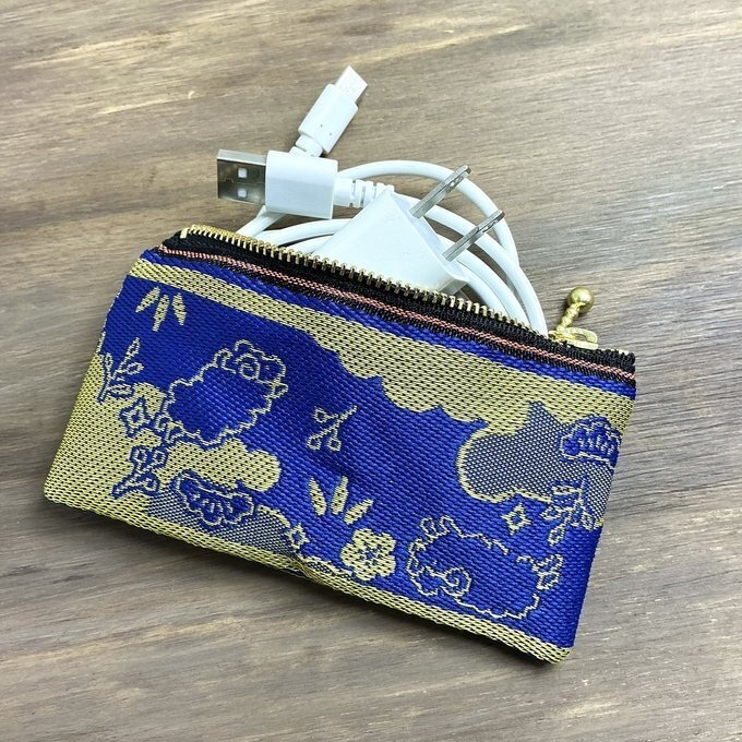【羊】畳縁 ぺたんこ ミニポーチ カードケース 小銭入れ 数珠入れ 青 金 縁起物 未年 松竹梅 干支
