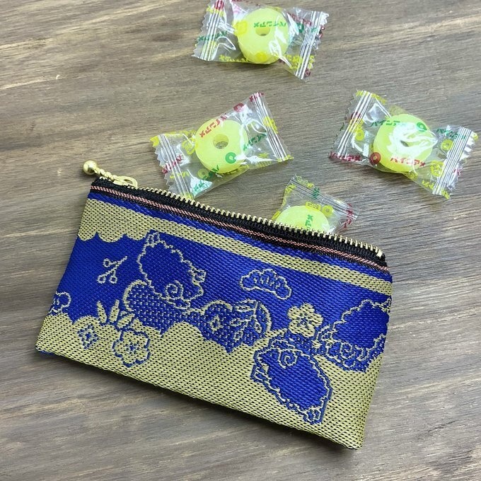 【羊】畳縁 ぺたんこ ミニポーチ カードケース 小銭入れ 数珠入れ 青 金 縁起物 未年 松竹梅 干支
