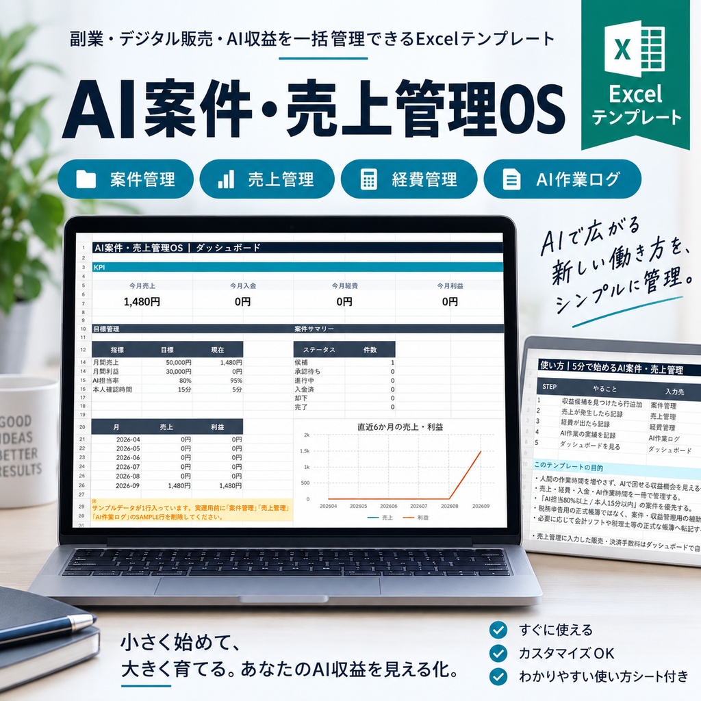 AI案件・売上管理OS｜副業・デジタル販売・AI収益を一括管理できるExcelテンプレート