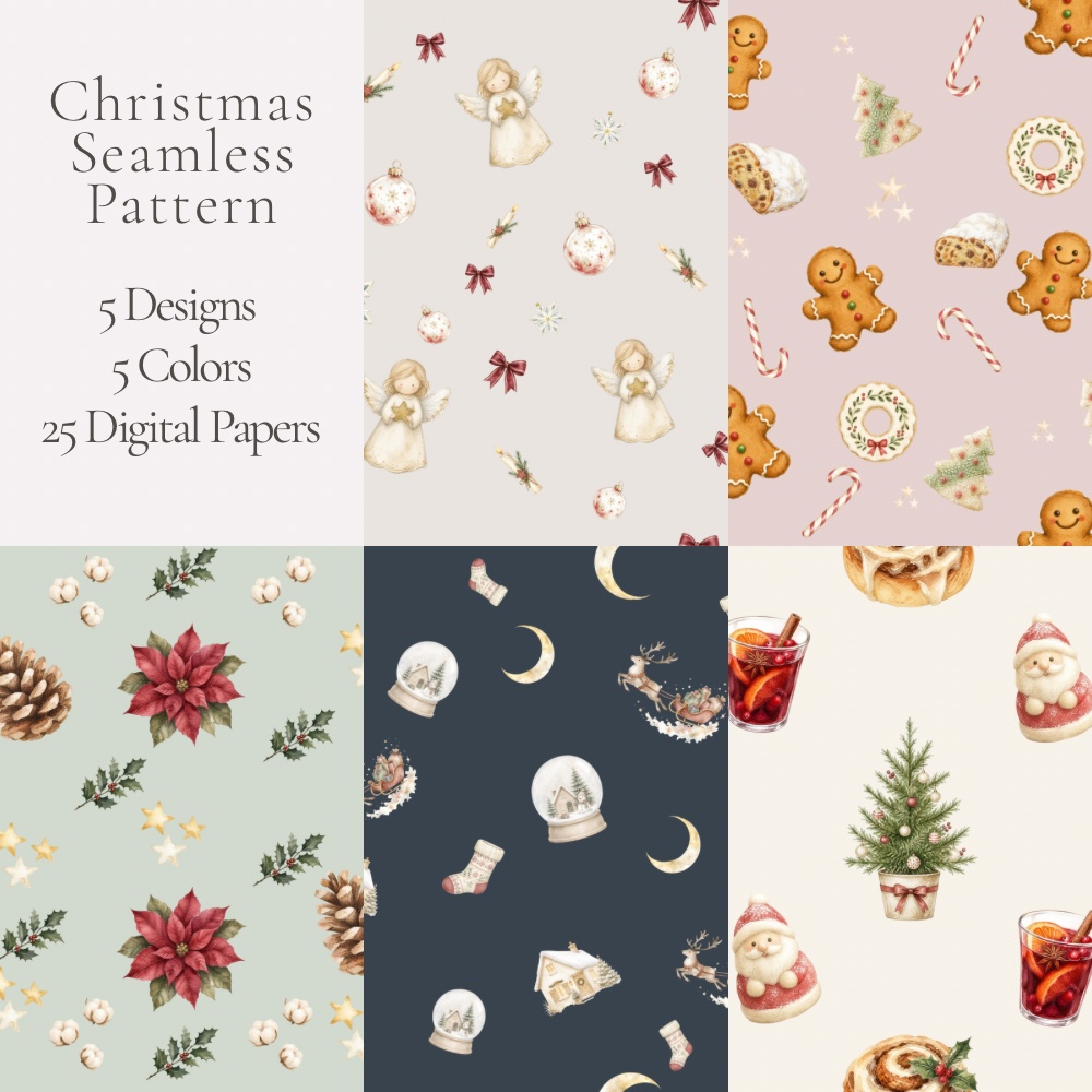 Christmas Seamless Pattern Collection | 5 Designs × 5 Colors | 25 Digital Papers