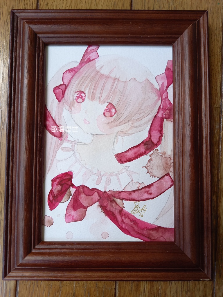 オリジナルイラスト額付きドローイング原画【赤いリボン】難あり