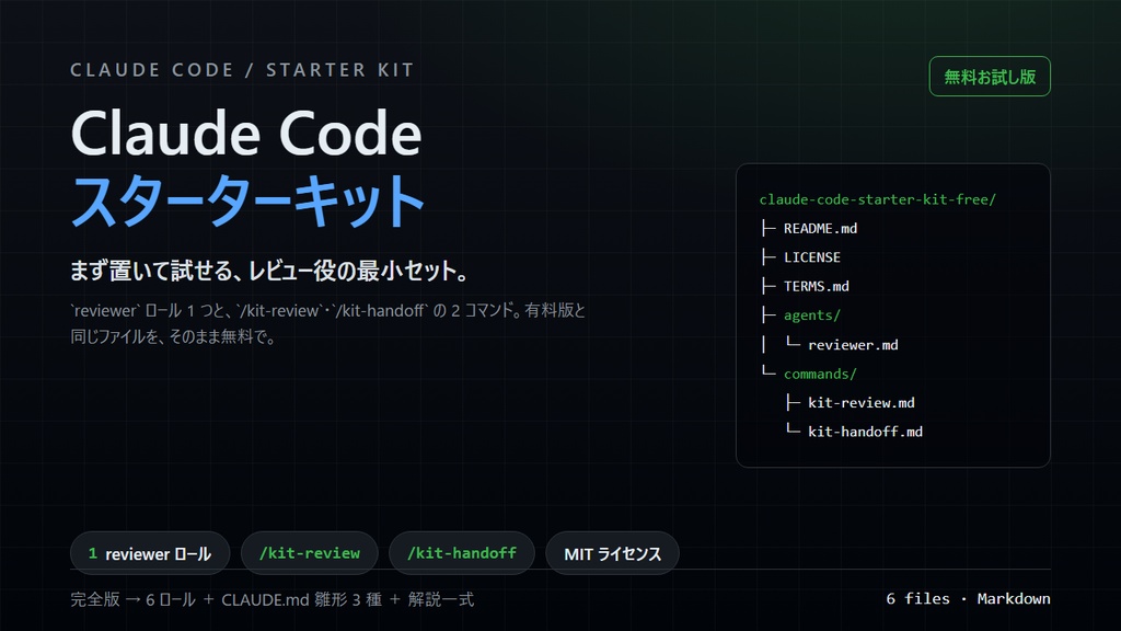 Claude Code スターターキット【無料お試し版】|レビュー役 reviewer + /kit-review ・ /kit-handoff