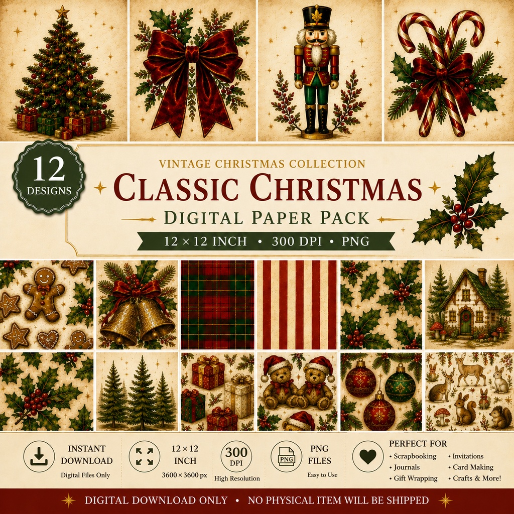 Classic Christmas｜ヴィンテージクリスマスのデジタルペーパー12枚セット