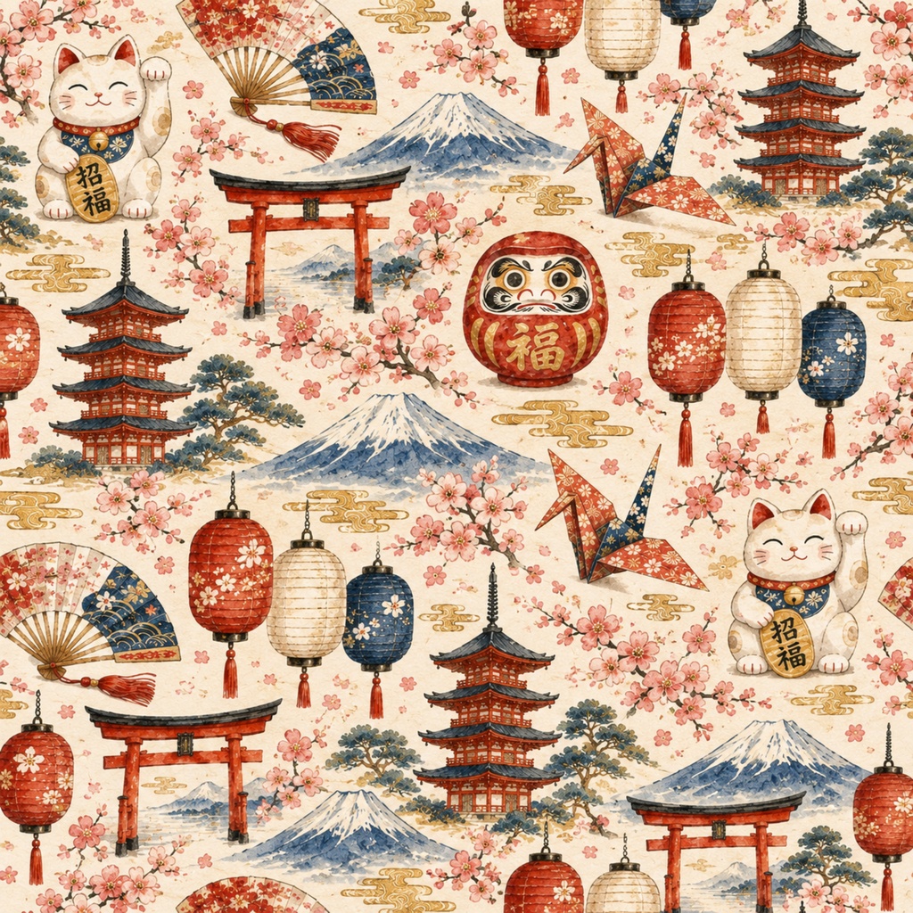 Traditional Japan|和柄デジタルペーパー 12枚セット|日本・富士山・鳥居・招き猫・だるま・和風素材