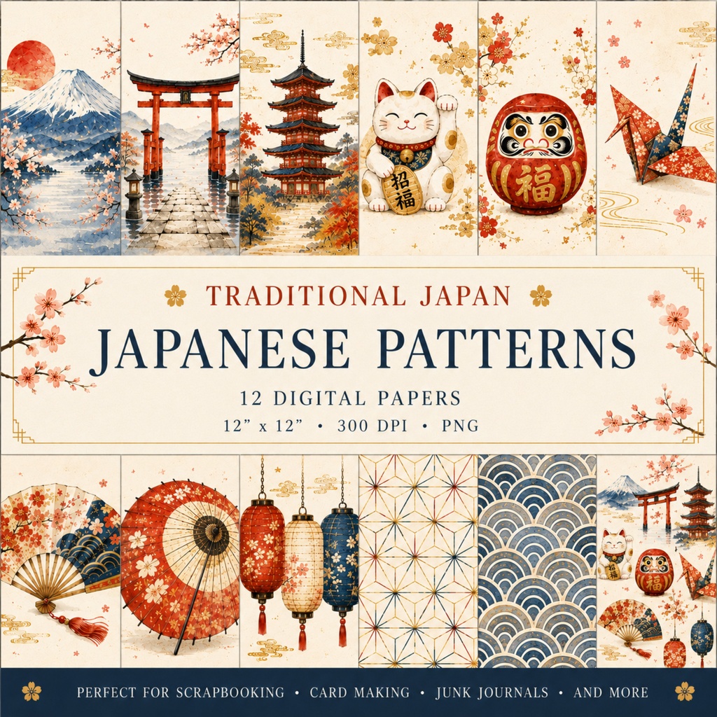 Traditional Japan｜和柄デジタルペーパー 12枚セット｜日本・富士山・鳥居・招き猫・だるま・和風素材