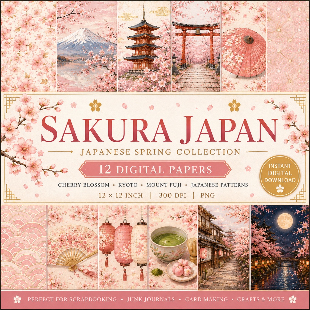 Sakura Japan｜桜と京都の和風デジタルペーパー 12枚セット｜春・富士山・和柄・日本
