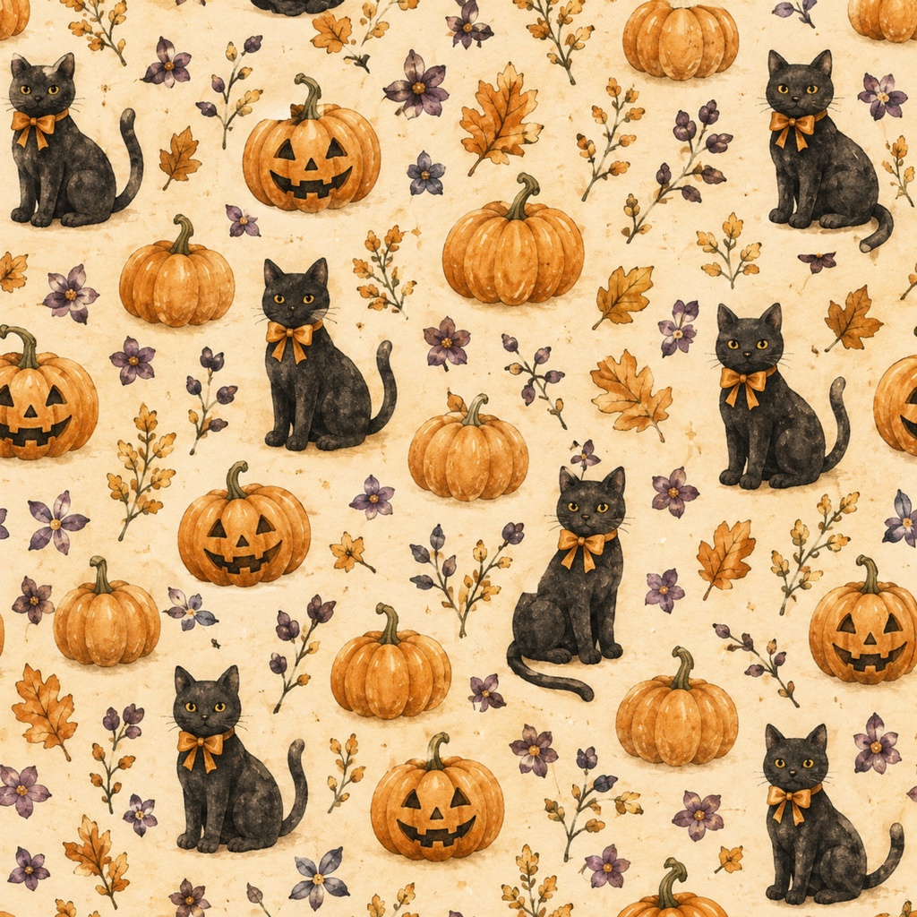 【ハロウィン デジタルペーパー12枚セット】ヴィンテージ風|くま・黒猫・かぼちゃ|PNG