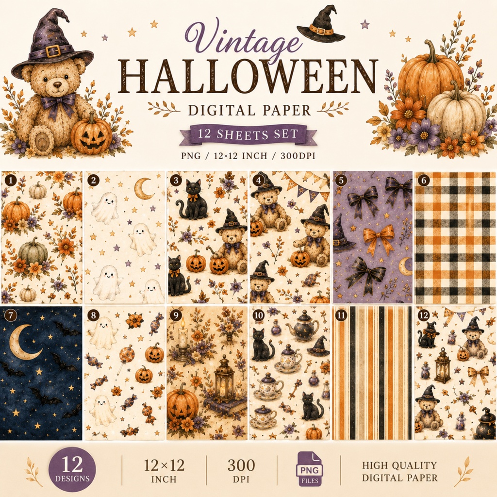 【ハロウィン デジタルペーパー12枚セット】ヴィンテージ風｜くま・黒猫・かぼちゃ｜PNG