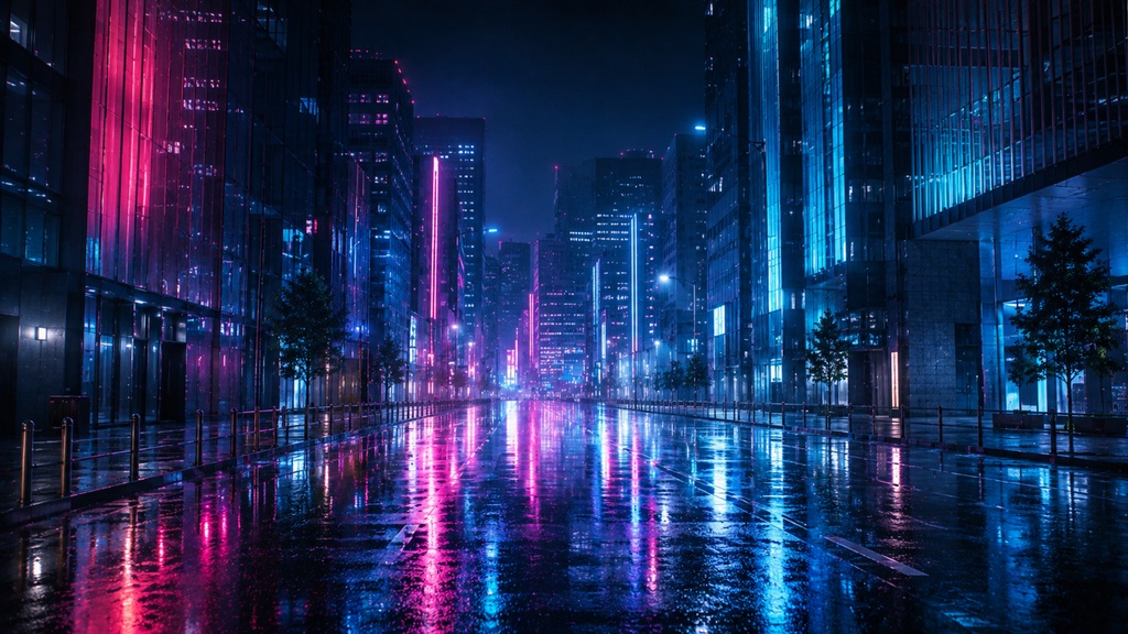 【無料配布】16:9 雨のネオン街 背景素材