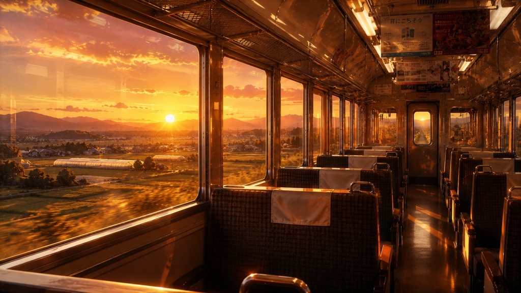 【無料】映画風 電車の車窓背景 ～夕焼けローカル線～【16:9・1枚】