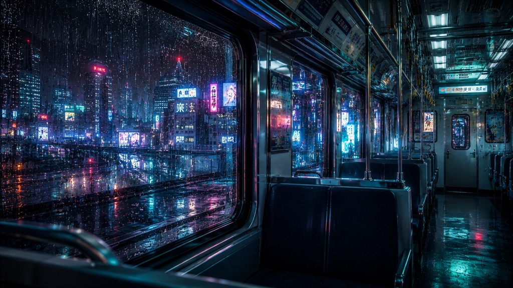 【無料】映画風 電車の車窓背景 ～雨夜のネオンシティ～【16:9・1枚】