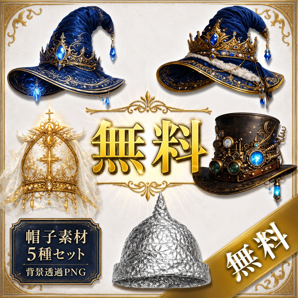 【無料】ファンタジー帽子素材5種セット【背景透過PNG・3000×3000】