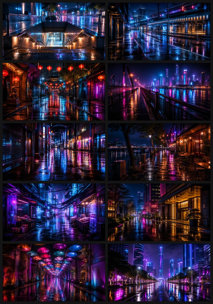【無料サンプル付】ネオンシティ・雨夜景 背景素材 Vol.1【20枚/16:9】