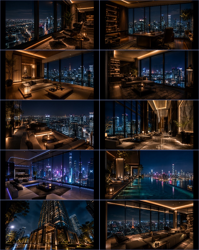 【無料サンプル付】高層マンション・ラグジュアリー夜景 背景素材 Vol.1【20枚/16:9】