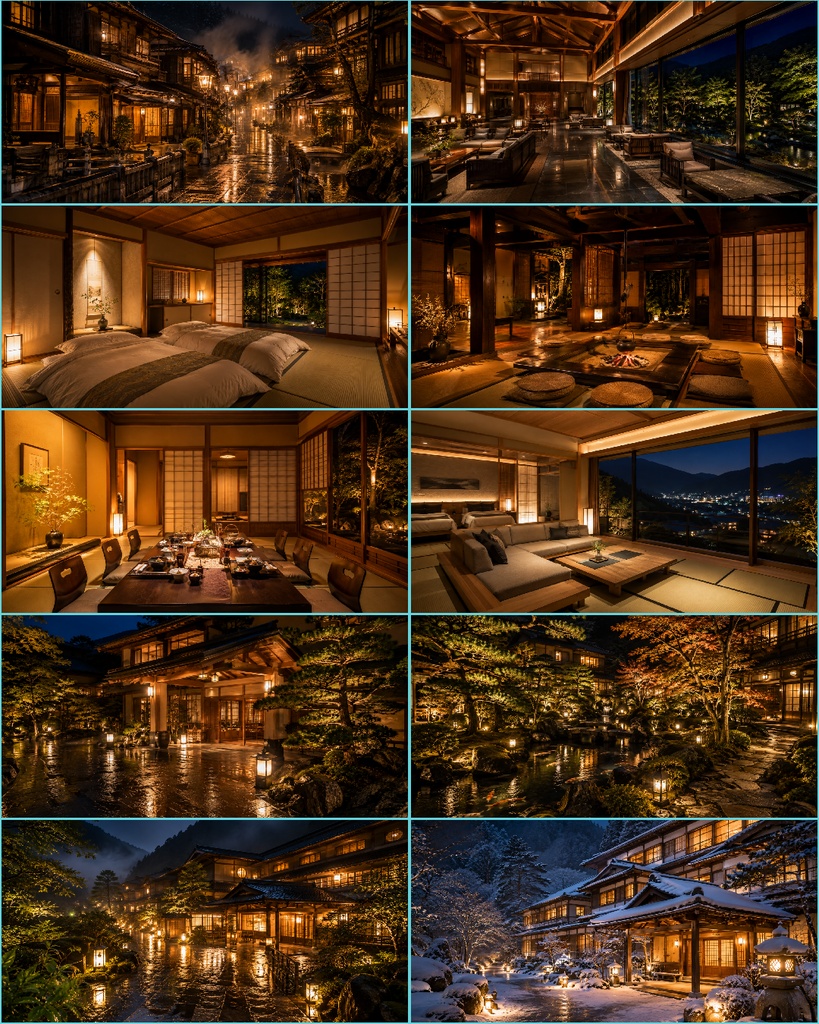 【無料サンプル付】温泉旅館・露天風呂 夜景 背景素材 Vol.1【20枚/16:9】