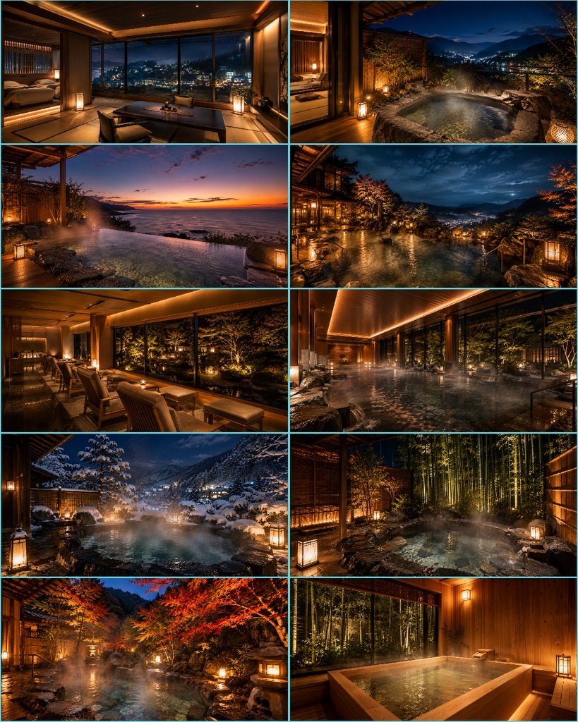 【無料サンプル付】温泉旅館・露天風呂 夜景 背景素材 Vol.1【20枚/16:9】