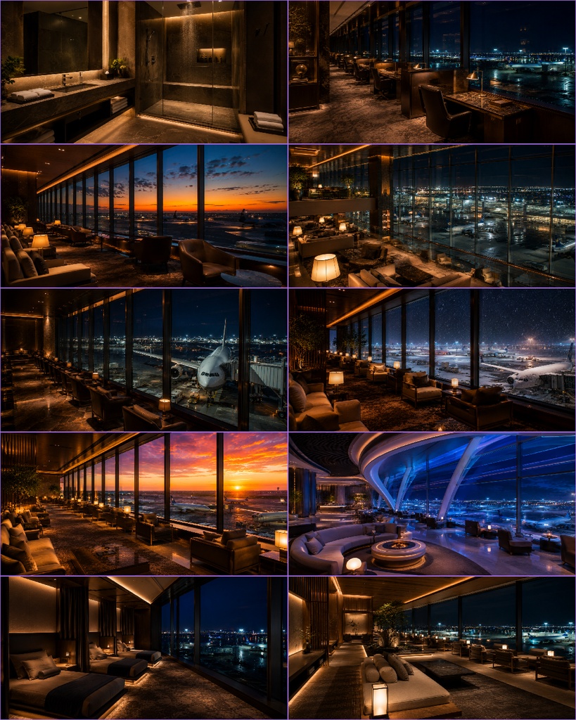 【無料サンプル付】高級空港ラウンジ・夜景 背景素材 Vol.1【20枚/16:9】