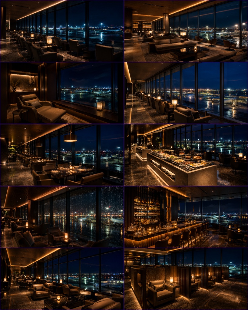 【無料サンプル付】高級空港ラウンジ・夜景 背景素材 Vol.1【20枚/16:9】