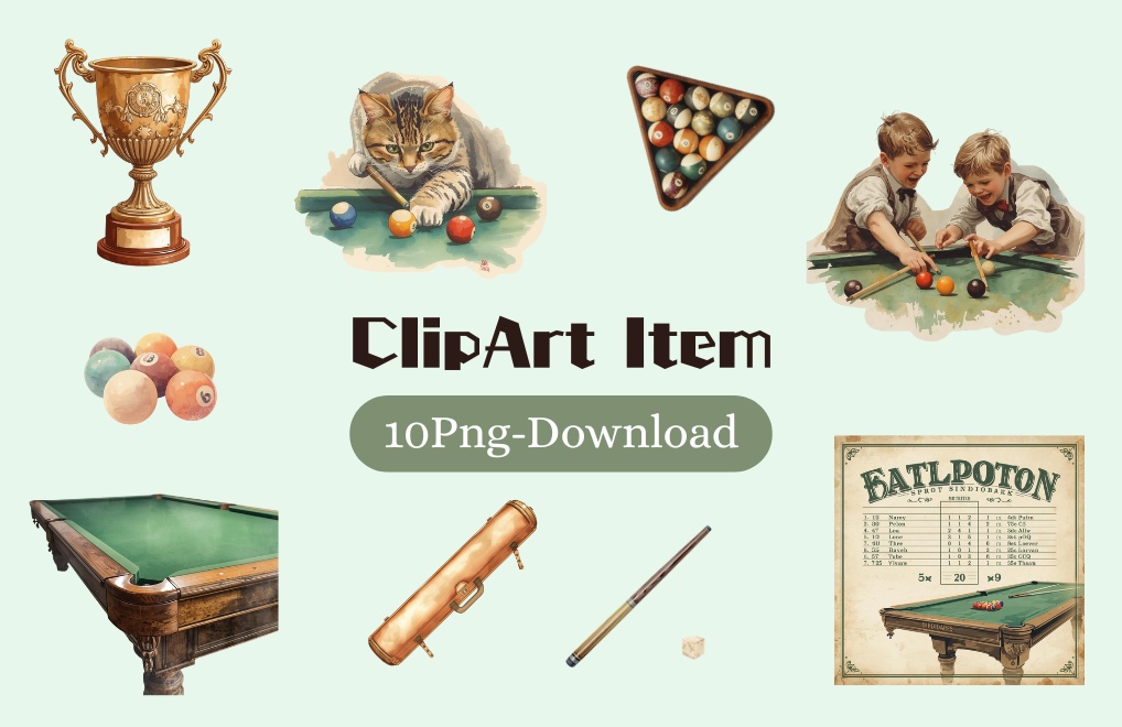 ビリヤードクリップアート 水彩アンティーク風10点セット（PNG背景透過）