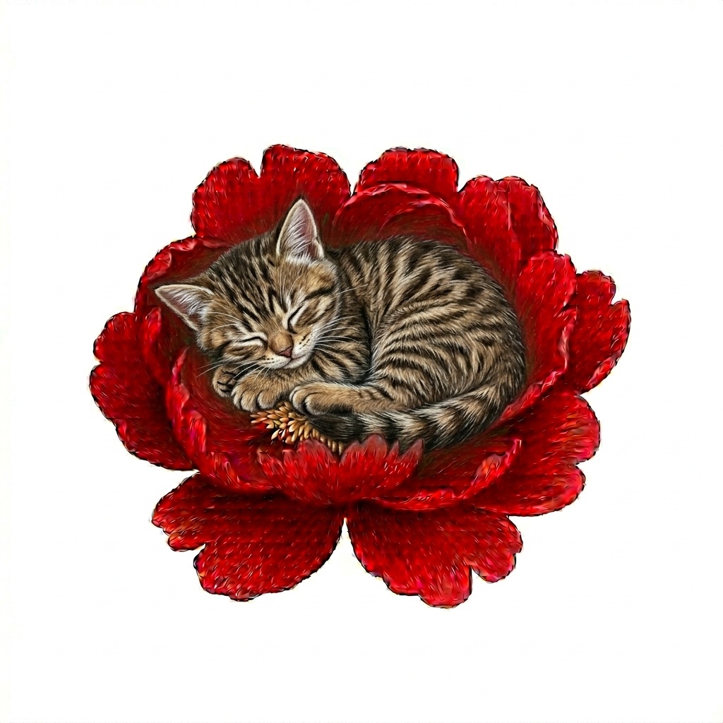 赤牡丹と猫（睡眠中）お試し無料【背景白】