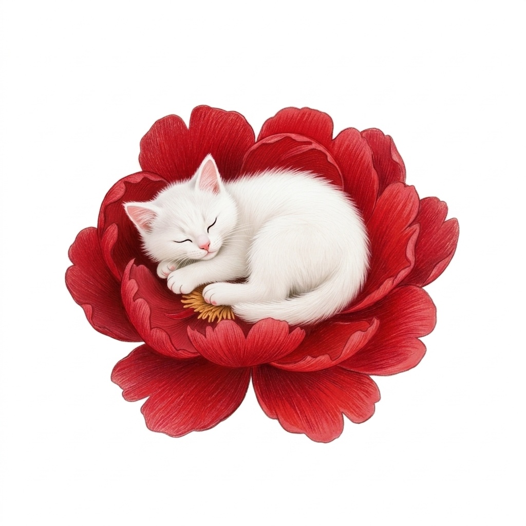 赤牡丹と猫（睡眠中）10種類【背景白】