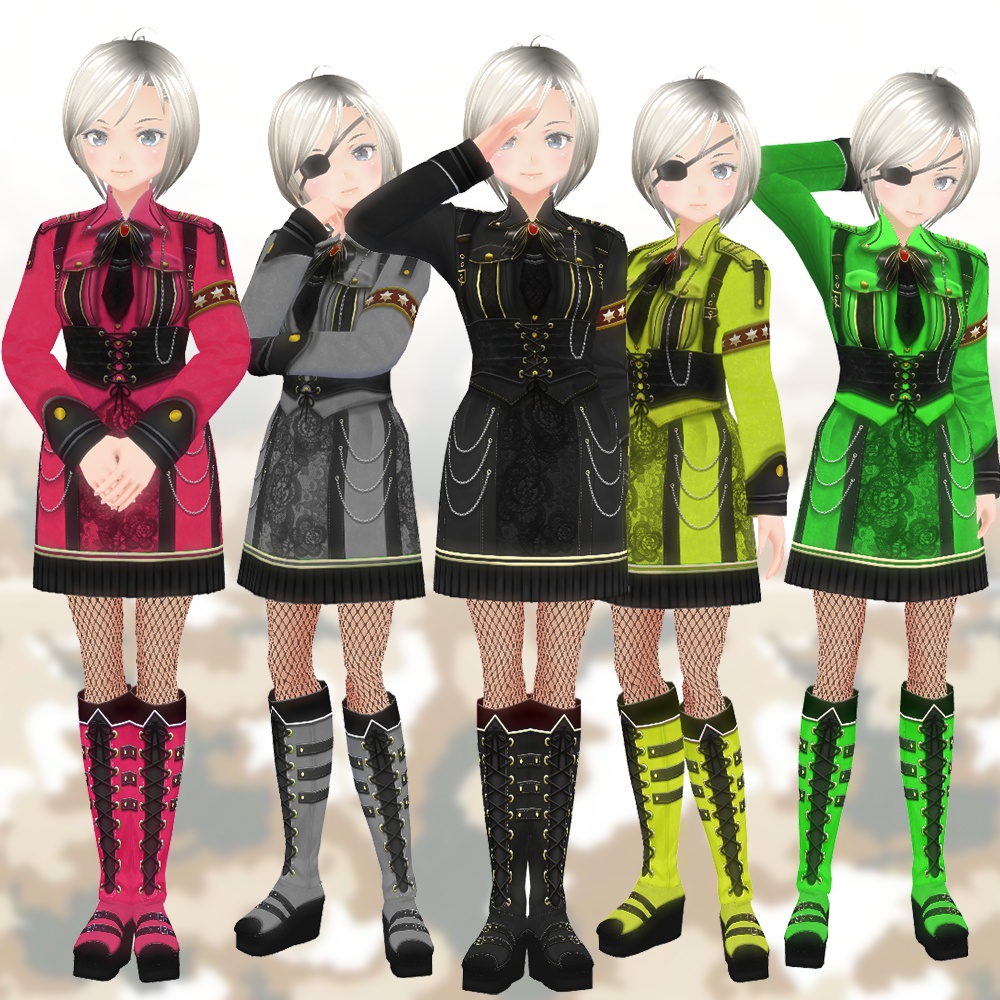 【VRoid用テクスチャー& VRM3Dモデル】ミリタリーガール-上着/スカート/ブーツ3点セット
