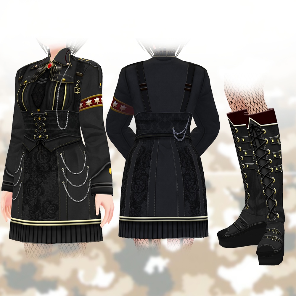 【VRoid用テクスチャー& VRM3Dモデル】ミリタリーガール-上着/スカート/ブーツ3点セット