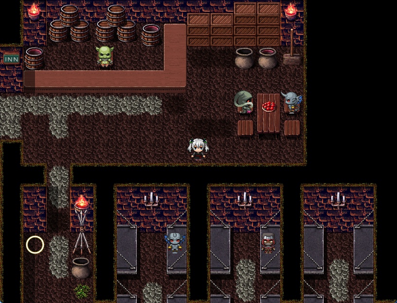 RPGツクールMV・MZ用 マップチップ・タイルセット07 『魔物の酒場・ダンジョン鍛冶屋&武器屋・マグマ・炎の洞窟・牢獄の町』