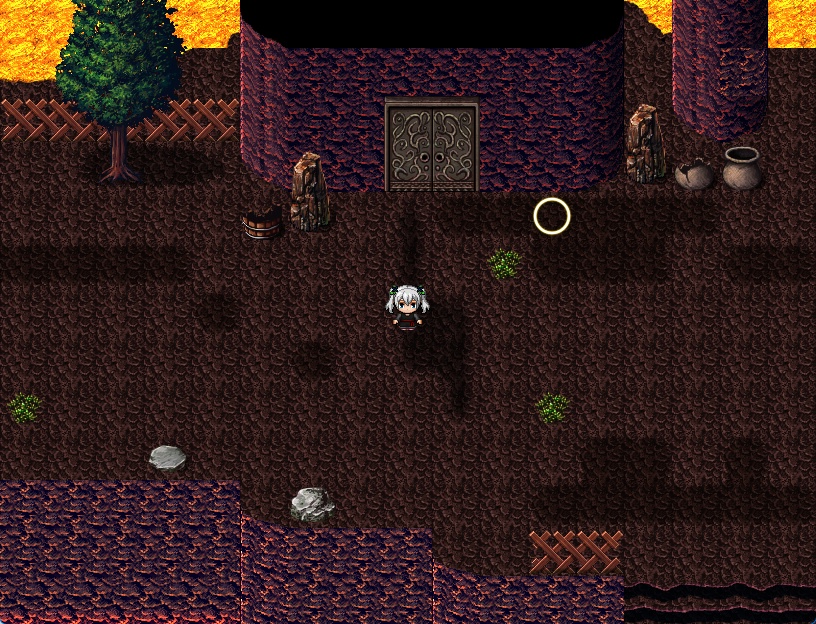 RPGツクールMV・MZ用 マップチップ・タイルセット07 『魔物の酒場・ダンジョン鍛冶屋&武器屋・マグマ・炎の洞窟・牢獄の町』