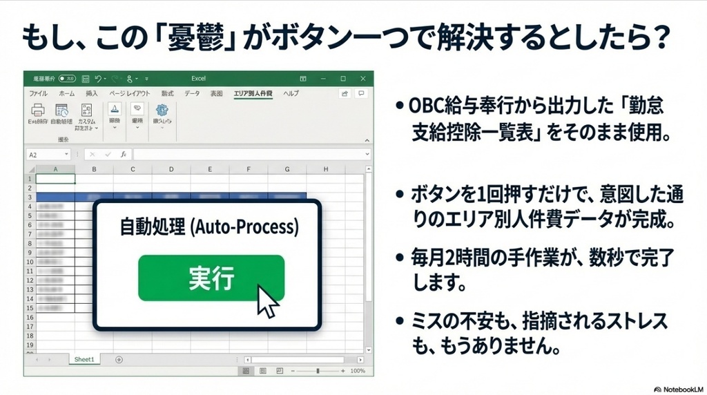 【Excel/VBA】【給与奉行 出力データ対応】エリア別人件費自動分類ツール