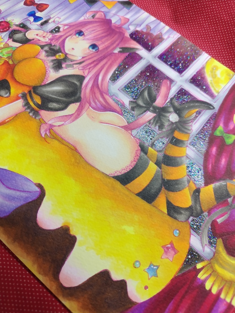 原画 手描きイラスト ハロウィン ピンク髪 猫耳 ネコミミ 女の子 手書き