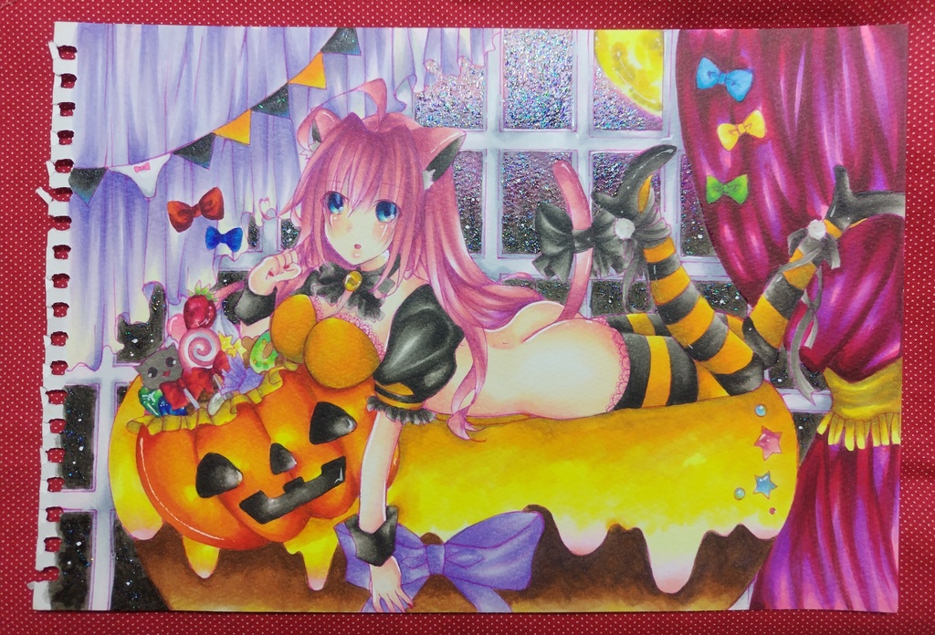 原画 手描きイラスト ハロウィン ピンク髪 猫耳 ネコミミ 女の子 手書き