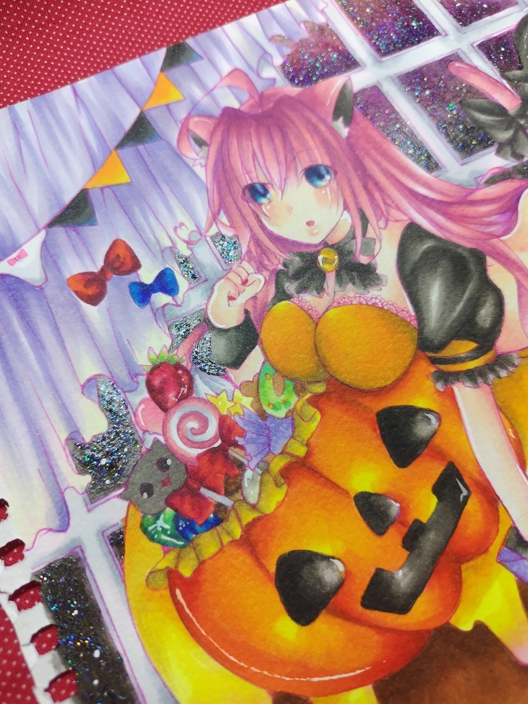 原画 手描きイラスト ハロウィン ピンク髪 猫耳 ネコミミ 女の子 手書き
