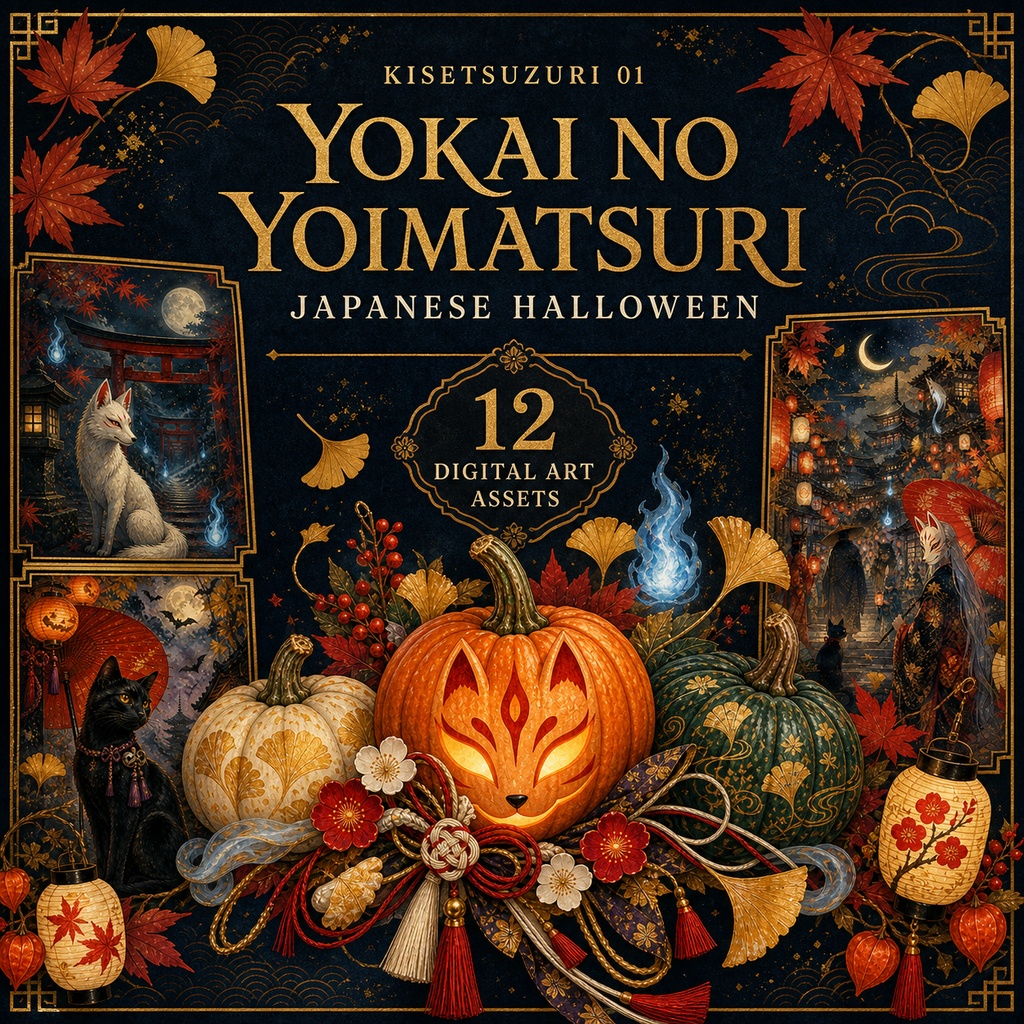 季節綴り 01 ― 妖怪の宵祭り｜和風ハロウィン・デジタル素材集・シームレス背景・透明PNG・印刷用アート