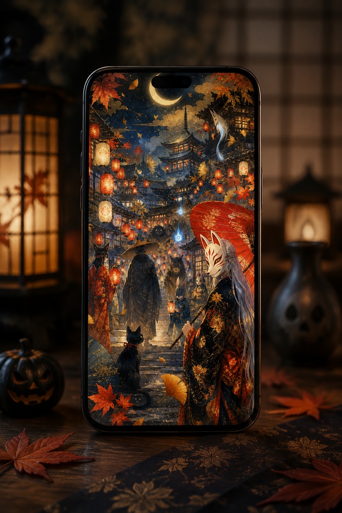 季節綴り 01 ― 妖怪の宵祭り|和風ハロウィン・デジタル素材集・シームレス背景・透明PNG・印刷用アート