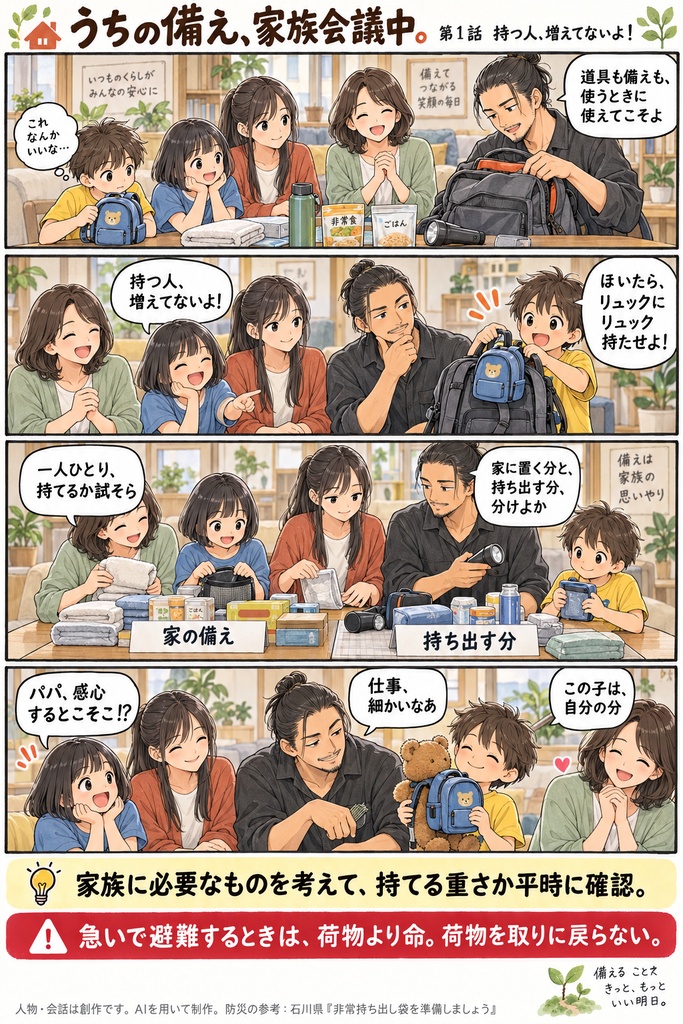うちの備え、家族会議中。第1話｜防災4コマ＋家族メモ｜PNG・TXT