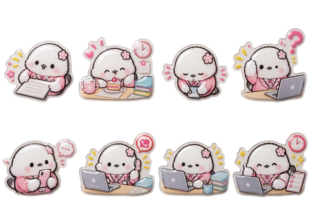 ぷっくりシール風シマエナガのお仕事デジタル手帳ステッカー｜【オマケ】お仕事・日常アイコン＆お仕事付箋　フルセット4