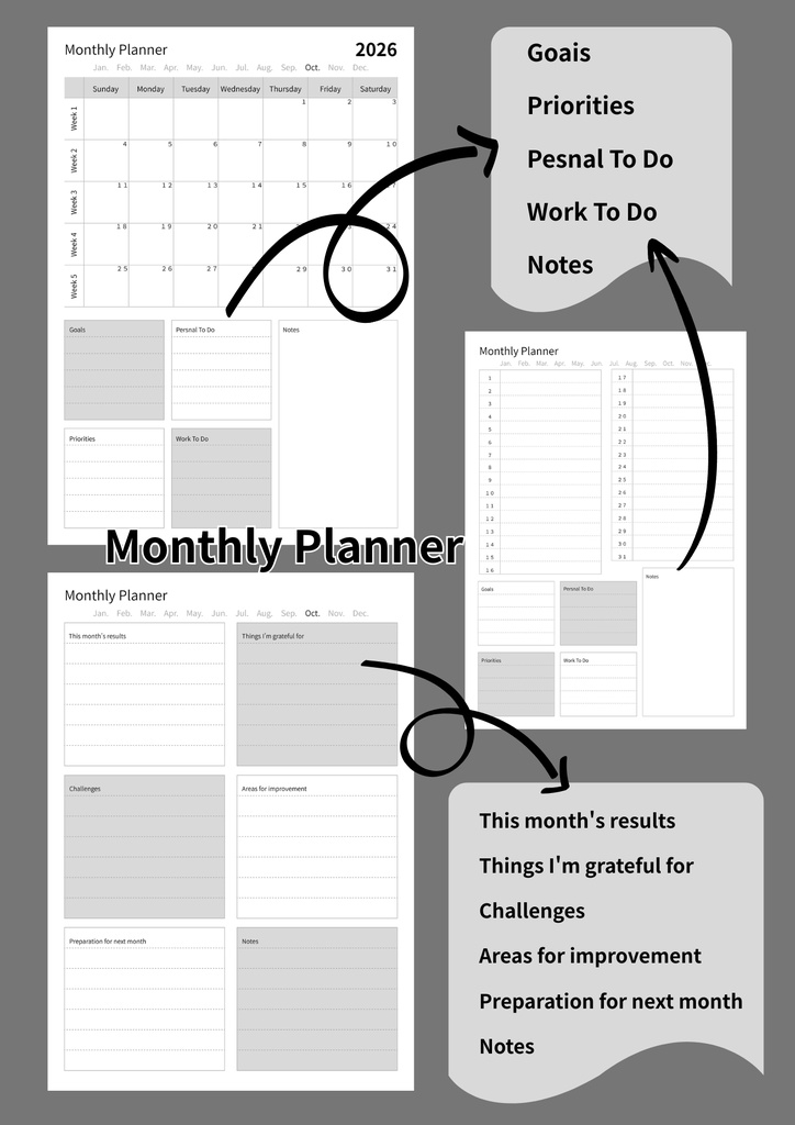 【CANVA・簡単編集】Monthly・weekly・Dally planner(A4)①