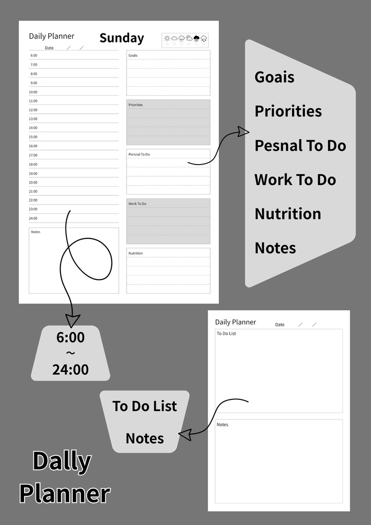 【CANVA・簡単編集】Monthly・weekly・Dally planner(A4)①