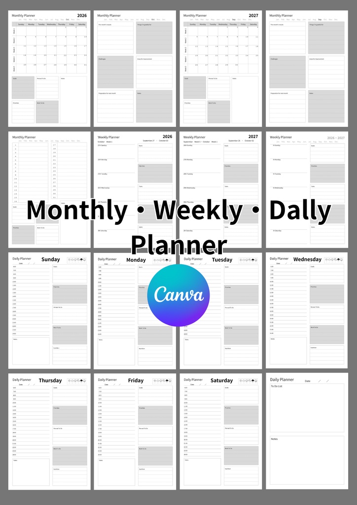 【CANVA・簡単編集】Monthly・weekly・Dally planner（A4）①