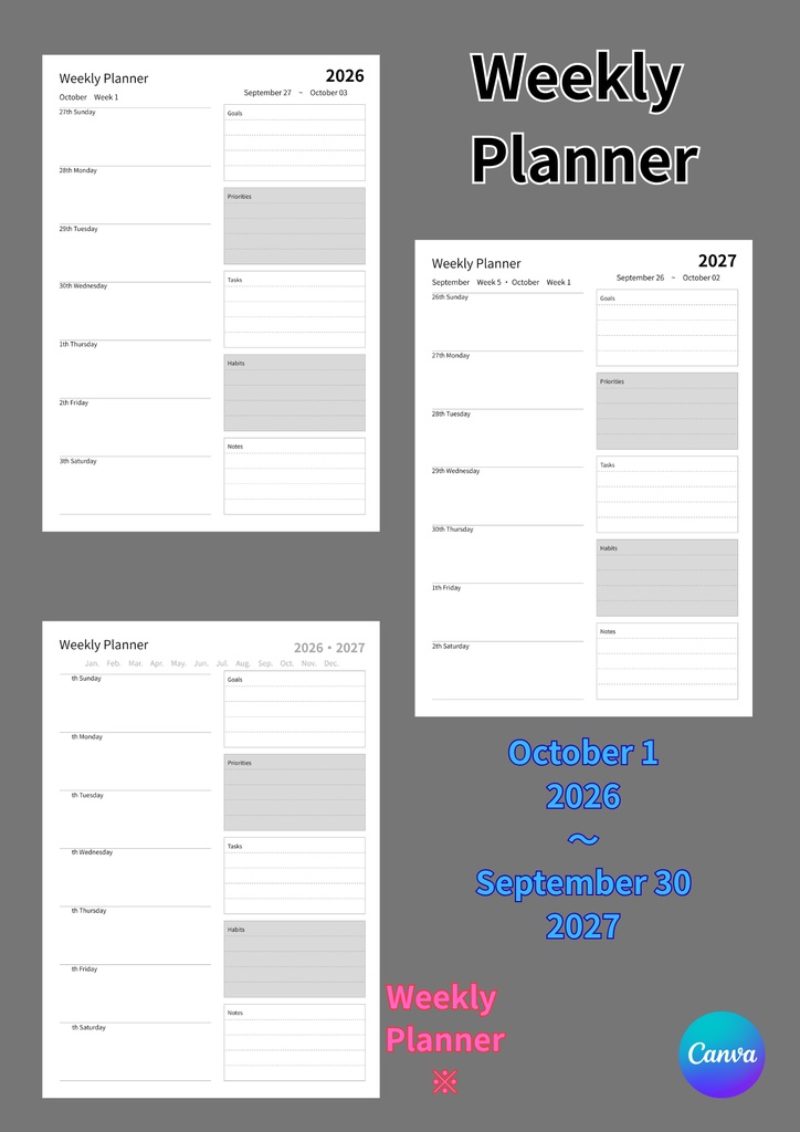 【CANVA・簡単編集】Monthly・weekly・Dally planner(A4)①