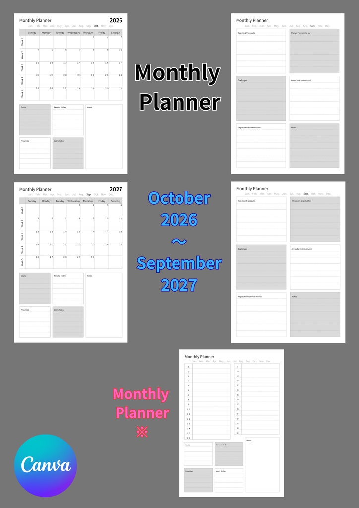 【CANVA・簡単編集】Monthly・weekly・Dally planner(A4)①