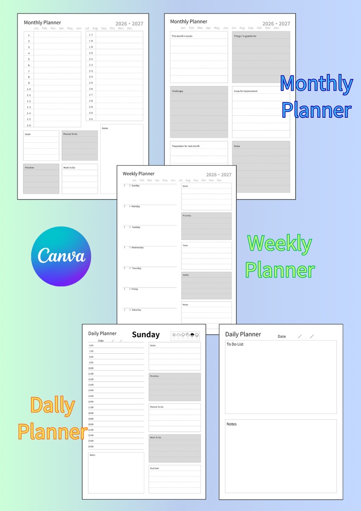 【CANVA・簡単編集】Monthly・weekly・Dally planner(A4)②