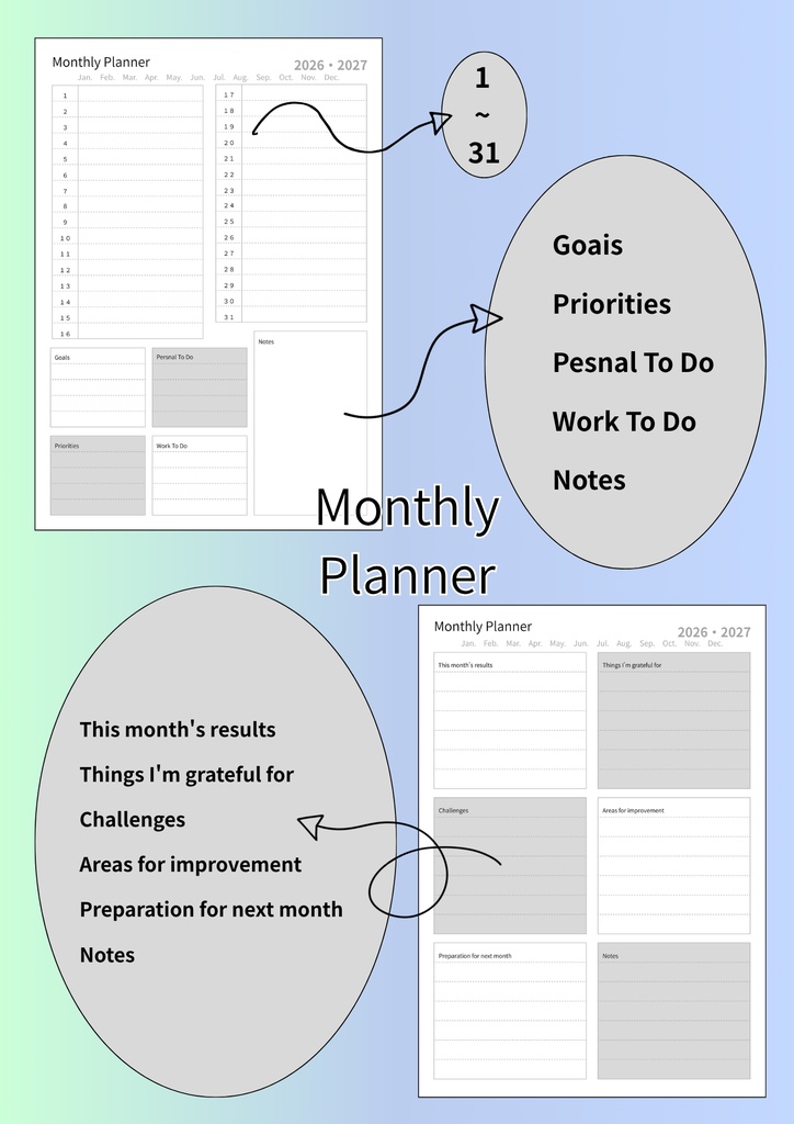 【CANVA・簡単編集】Monthly・weekly・Dally planner(A4)②