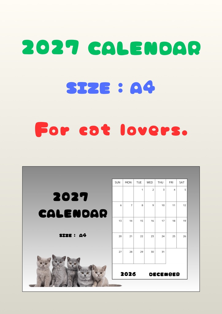 ☆ねこ好き☆2027カレンダー(A4)⑩