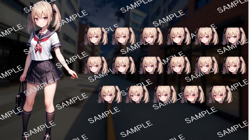 【無料版あり】立ち絵/背景 セーラー服のツインテール少女/通学路・住宅街・町中・夜景