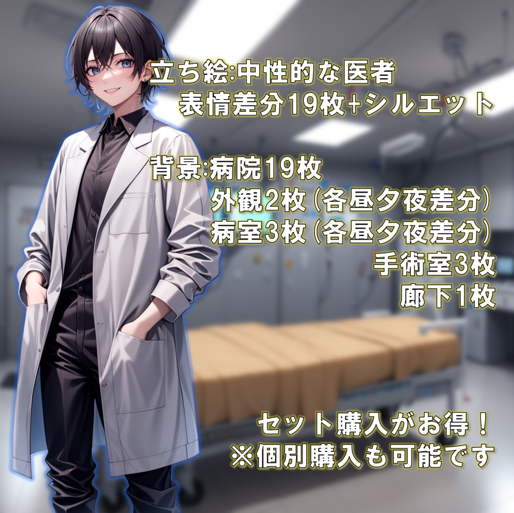 【無料版あり】立ち絵/背景 中性的な医者・研究員/病院・病室・手術室